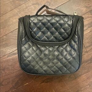 Hanging Black Quilted Vegan Leather Cosmetic Bag